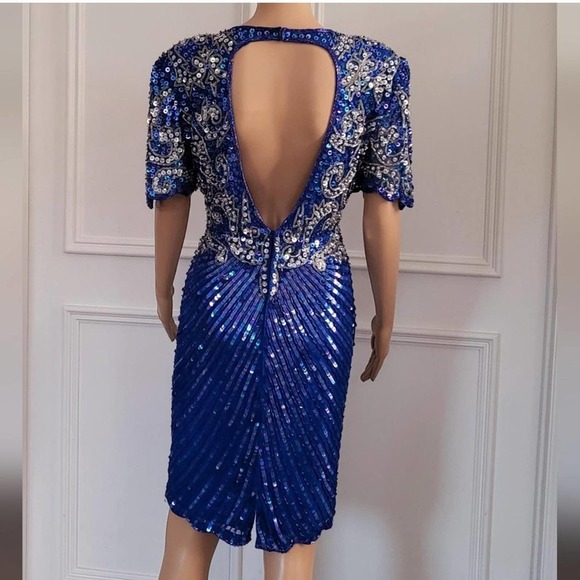 Vintage 80's Blue Sequin Dress Cocktail Beaded Silk Dress BRILLIANTE by JA - Picture 5 of 5